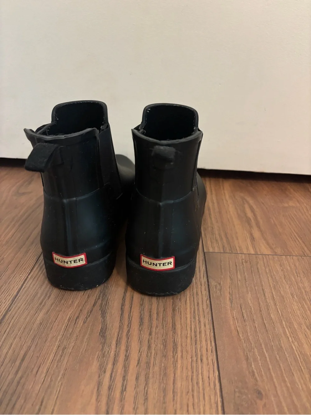 Hunter Black Rubber Slip-On Rain Boots with Treaded Outsole